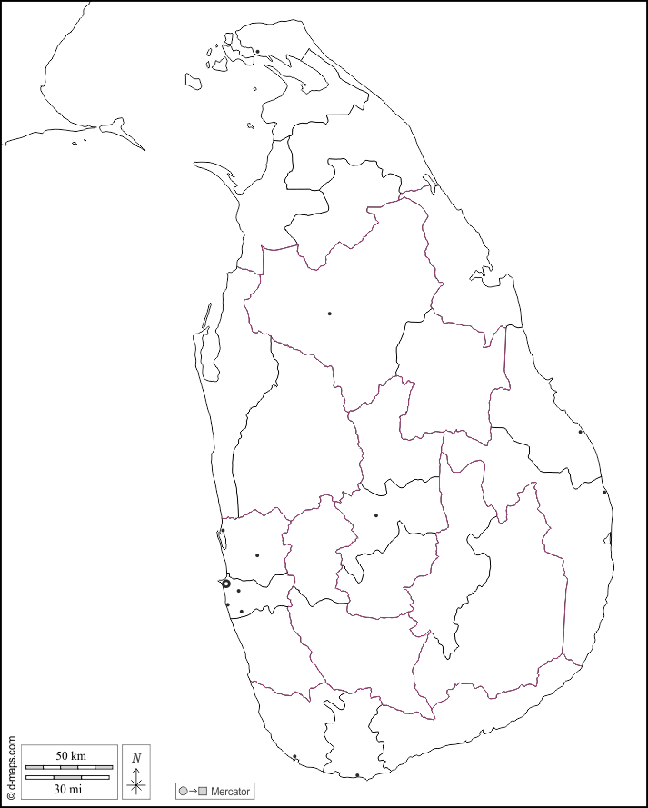 Sri Lanka : d-maps.com: mappa gratuita, mappa muta gratuita, cartina muta gratuita : frontiere, distretti, principali città, bianco