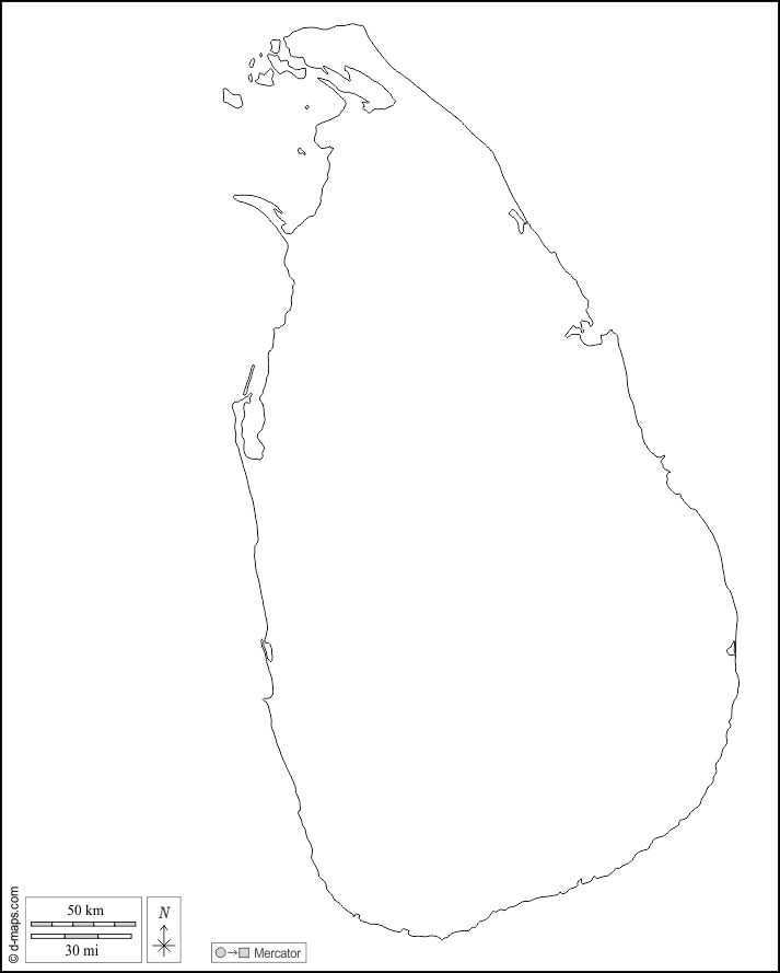 Sri Lanka : d-maps.com: mappa gratuita, mappa muta gratuita, cartina muta gratuita : contorni, bianco