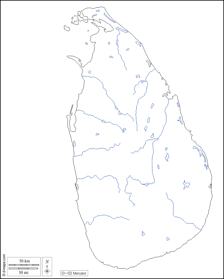 Sri Lanka : d-maps.com: mappa gratuita, mappa muta gratuita, cartina muta gratuita : contorni, idrografia, bianco
