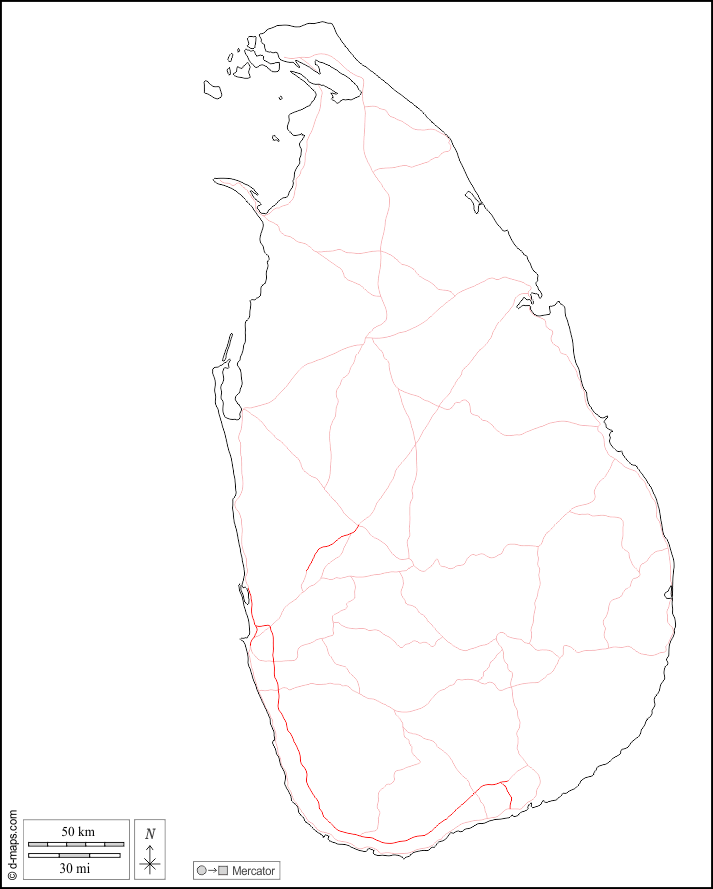 Sri Lanka : d-maps.com: mappa gratuita, mappa muta gratuita, cartina muta gratuita : contorni, strade, bianco