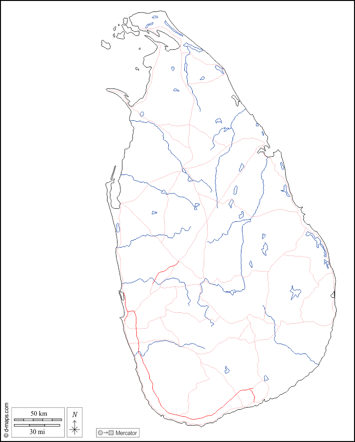 Sri Lanka : d-maps.com: mappa gratuita, mappa muta gratuita, cartina muta gratuita : contorni, idrografia, strade, bianco