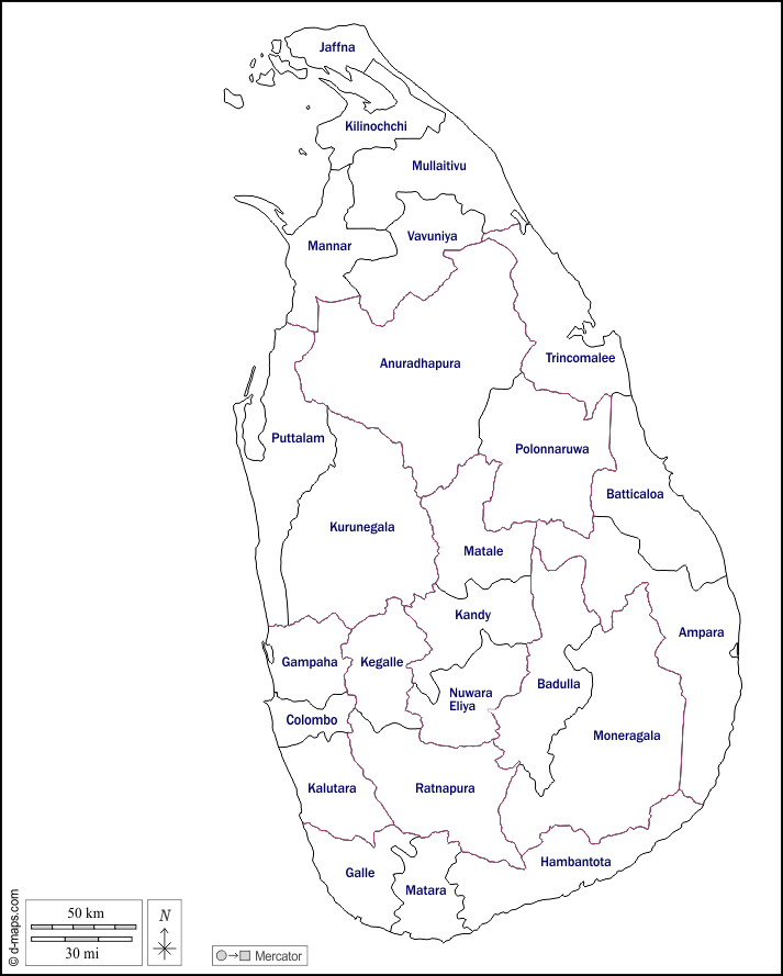Sri Lanka : d-maps.com: mappa gratuita, mappa muta gratuita, cartina muta gratuita : contorni, distretti, nomi, bianco