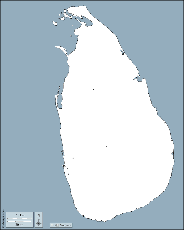 Sri Lanka : d-maps.com: mappa gratuita, mappa muta gratuita, cartina muta gratuita : contorni, principali città