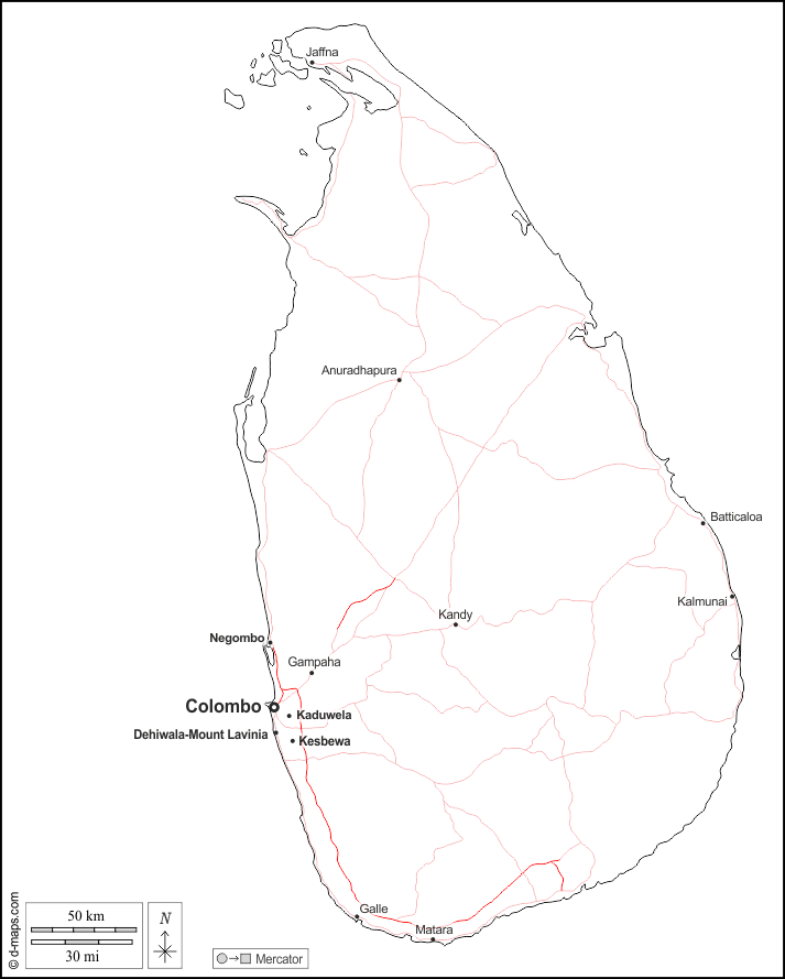 Sri Lanka : d-maps.com: mappa gratuita, mappa muta gratuita, cartina muta gratuita : contorni, principali città, strade, nomi, bianco
