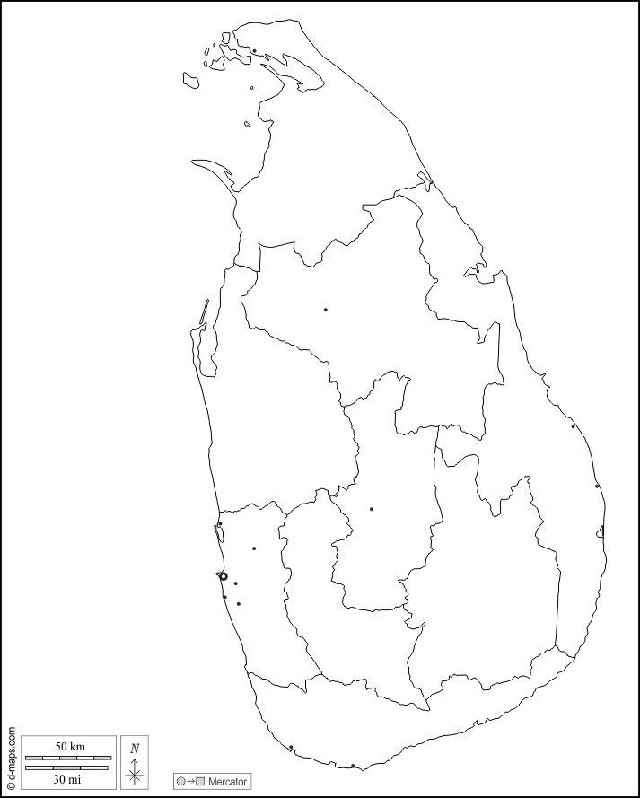 Sri Lanka : d-maps.com: mappa gratuita, mappa muta gratuita, cartina muta gratuita : contorni, province, principali città, bianco