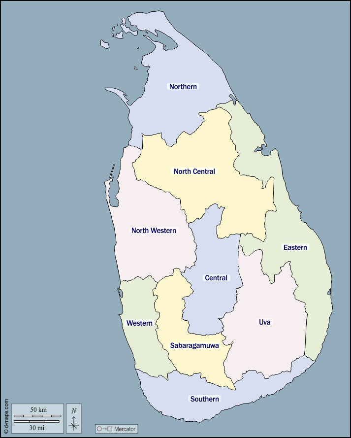 Sri Lanka : d-maps.com: mappa gratuita, mappa muta gratuita, cartina muta gratuita : contorni, province, nomi, colore