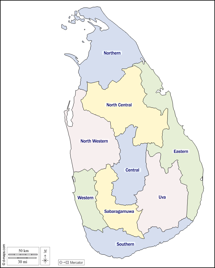 Sri Lanka : d-maps.com: free map, free blank map, free outline map, free base map : outline, provinces, names, color, white