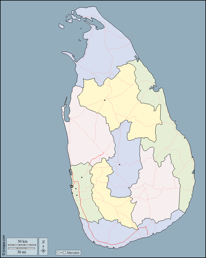 Sri Lanka : d-maps.com: Kostenlose Karten, kostenlose stumme Karte, kostenlose unausgefüllt Landkarte, kostenlose hochauflösende Umrisskarte : Umrisse, Provinzen, Wichtige Städte, Straßen, Farbe