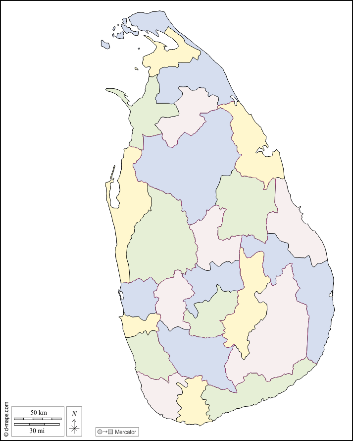 Sri Lanka : d-maps.com: mapa gratuito, mapa mudo gratuito, mapa en blanco gratuito, plantilla de mapa : contornos, distritos, color, blanco