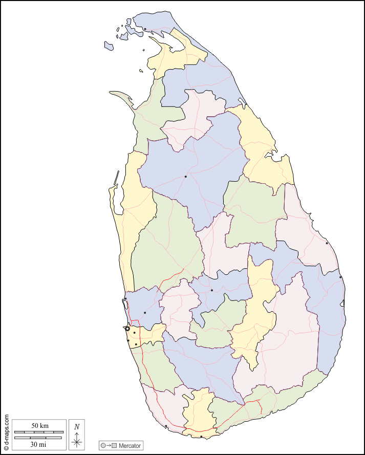 Sri Lanka : d-maps.com: mapa gratuito, mapa mudo gratuito, mapa en blanco gratuito, plantilla de mapa : contornos, distritos, principales ciudades, carreteras, color, blanco