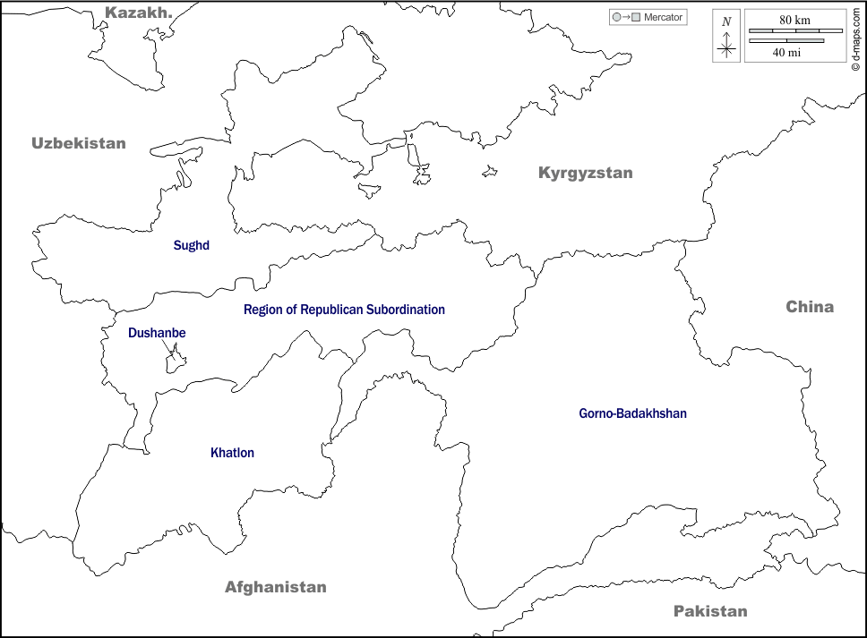 Tagikistan : d-maps.com: mappa gratuita, mappa muta gratuita, cartina muta gratuita : frontiere, divisioni, nomi, bianco