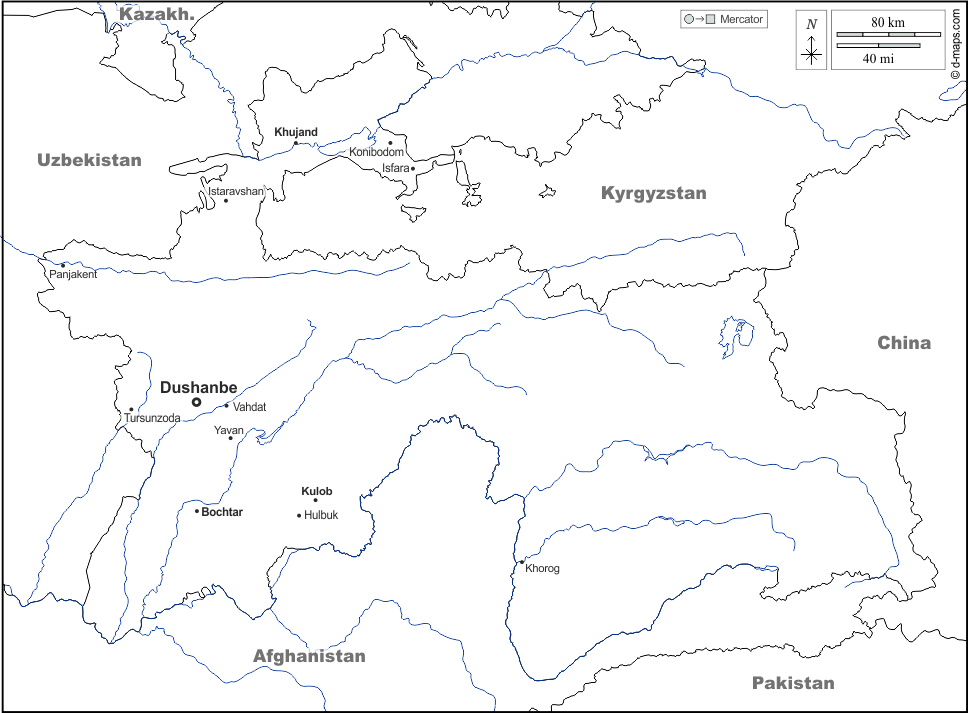 Tagikistan : d-maps.com: mappa gratuita, mappa muta gratuita, cartina muta gratuita : frontiere, idrografia, principali città, nomi, bianco