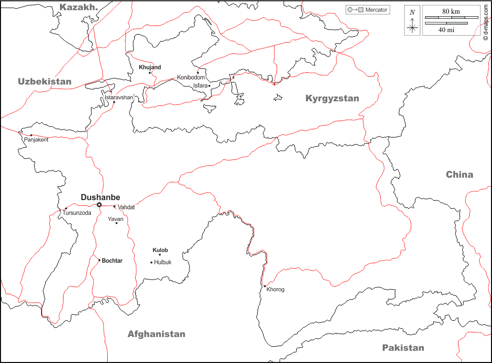 Tagikistan : d-maps.com: mappa gratuita, mappa muta gratuita, cartina muta gratuita : frontiere, principali città, strade, nomi, bianco