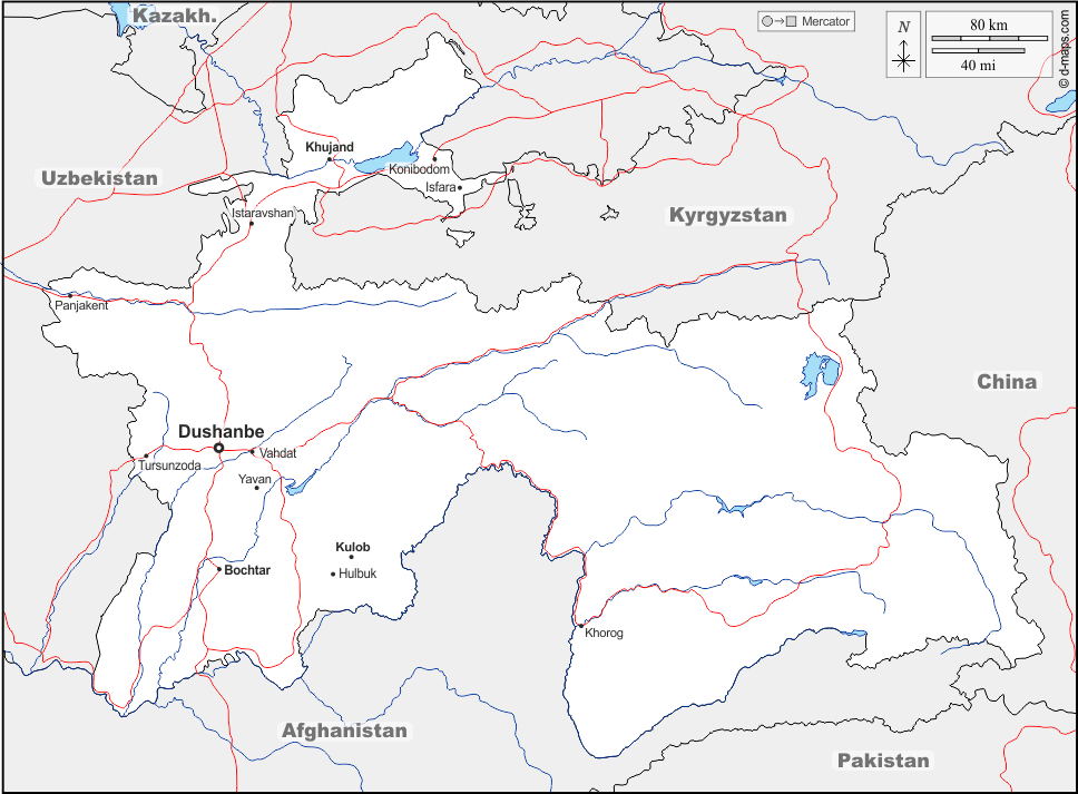 Tagikistan : d-maps.com: mappa gratuita, mappa muta gratuita, cartina muta gratuita : frontiere, idrografia, principali città, strade, nomi