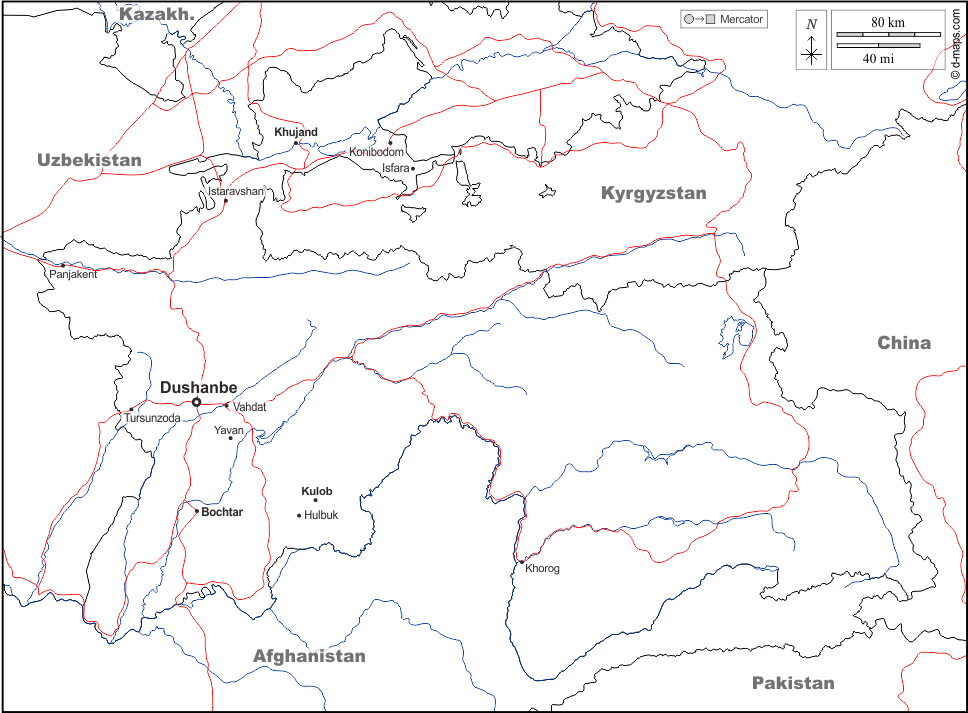 Tagikistan : d-maps.com: mappa gratuita, mappa muta gratuita, cartina muta gratuita : frontiere, idrografia, principali città, strade, nomi, bianco