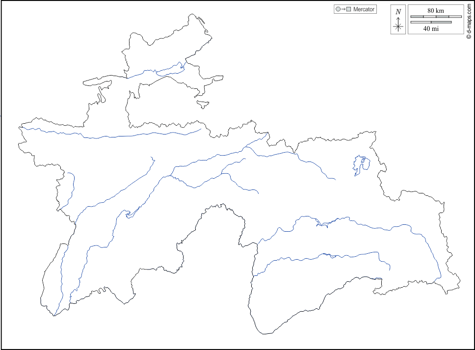 Tagikistan : d-maps.com: mappa gratuita, mappa muta gratuita, cartina muta gratuita : contorni, idrografia, bianco