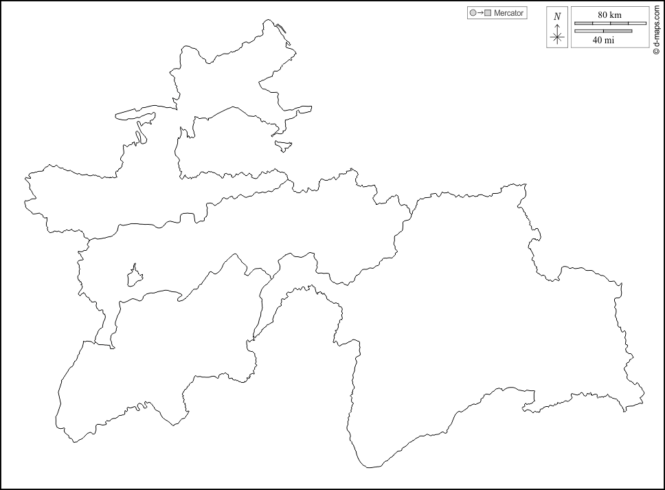 Tagikistan : d-maps.com: mappa gratuita, mappa muta gratuita, cartina muta gratuita : contorni, divisioni, bianco