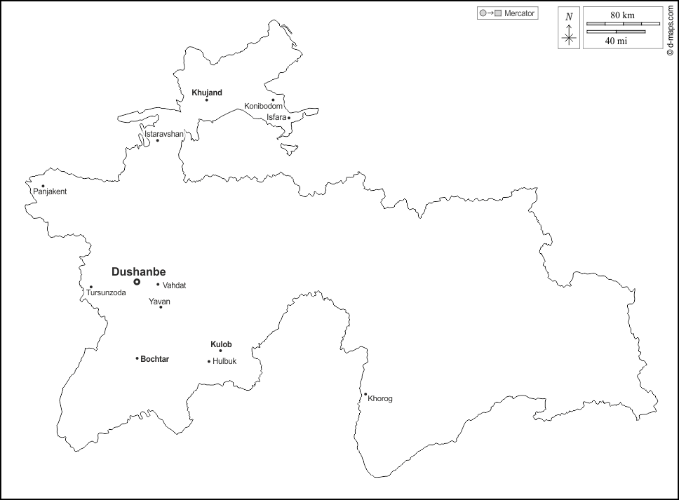 Tagikistan : d-maps.com: mappa gratuita, mappa muta gratuita, cartina muta gratuita : contorni, principali città, nomi, bianco