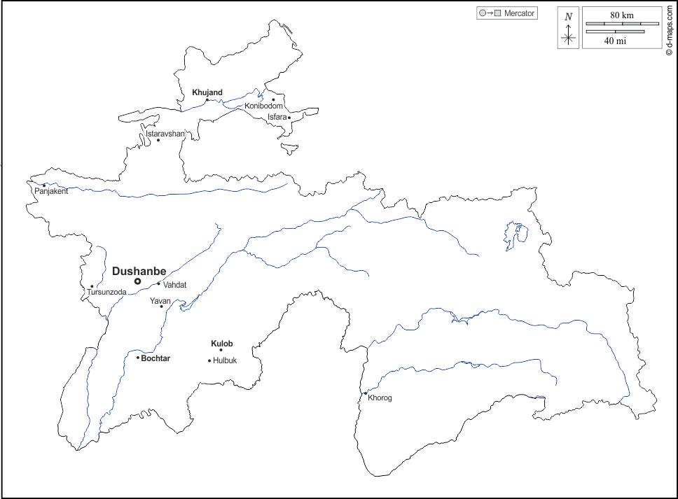 Tagikistan : d-maps.com: mappa gratuita, mappa muta gratuita, cartina muta gratuita : contorni, idrografia, principali città, nomi, bianco