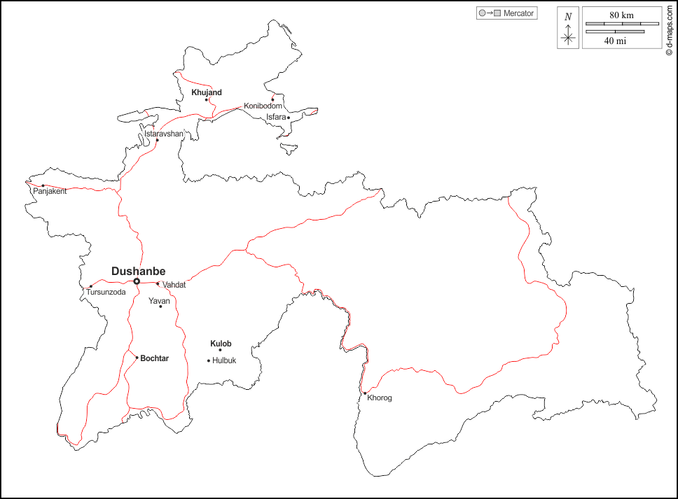 Tagikistan : d-maps.com: mappa gratuita, mappa muta gratuita, cartina muta gratuita : contorni, principali città, strade, nomi, bianco
