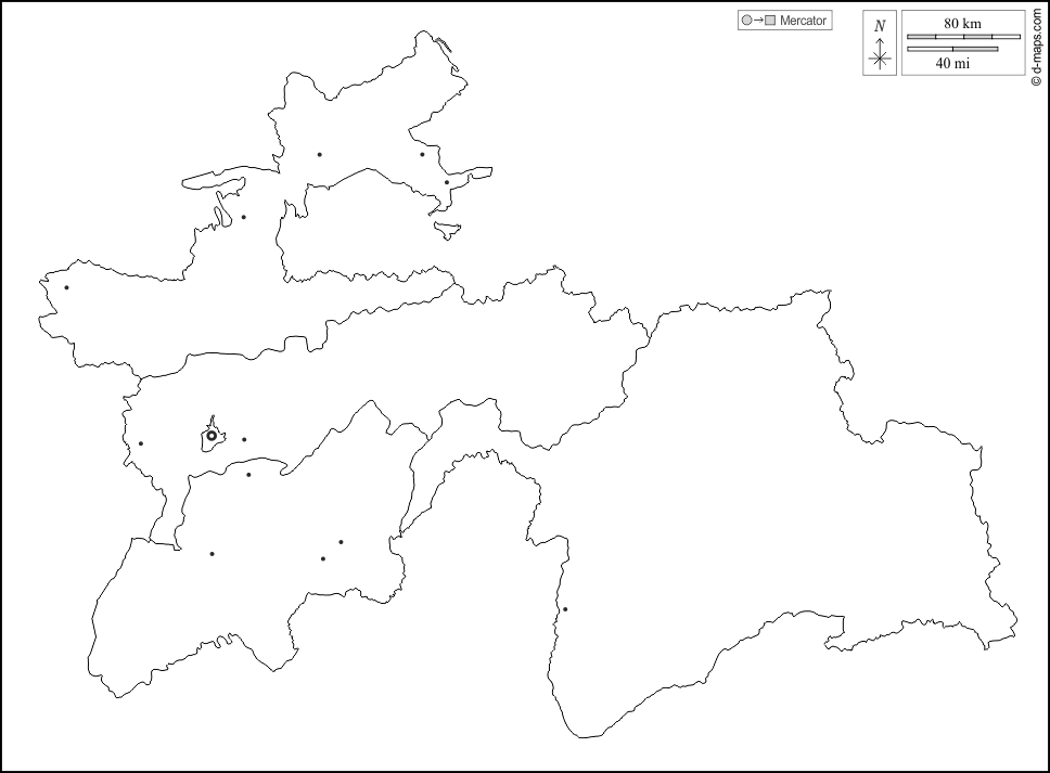 Tagikistan : d-maps.com: mappa gratuita, mappa muta gratuita, cartina muta gratuita : contorni, divisioni, principali città, bianco