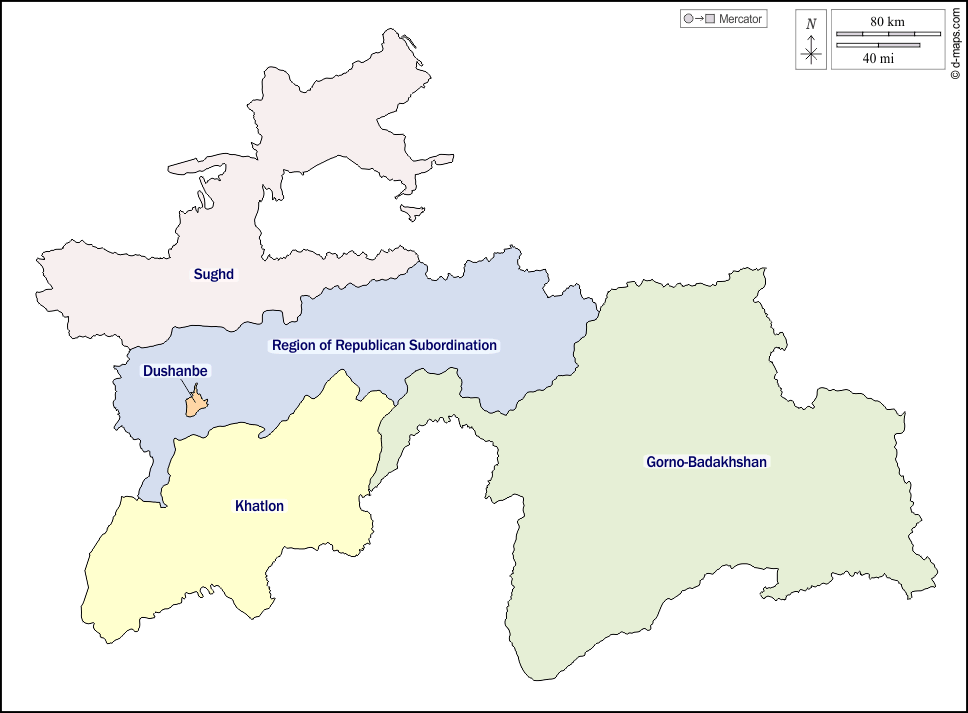 Tagikistan : d-maps.com: mappa gratuita, mappa muta gratuita, cartina muta gratuita : contorni, divisioni, nomi, colore, bianco