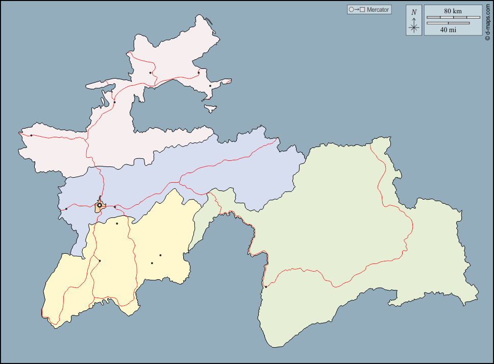 Tagikistan : d-maps.com: mappa gratuita, mappa muta gratuita, cartina muta gratuita : contorni, divisioni, principali città, strade, colore