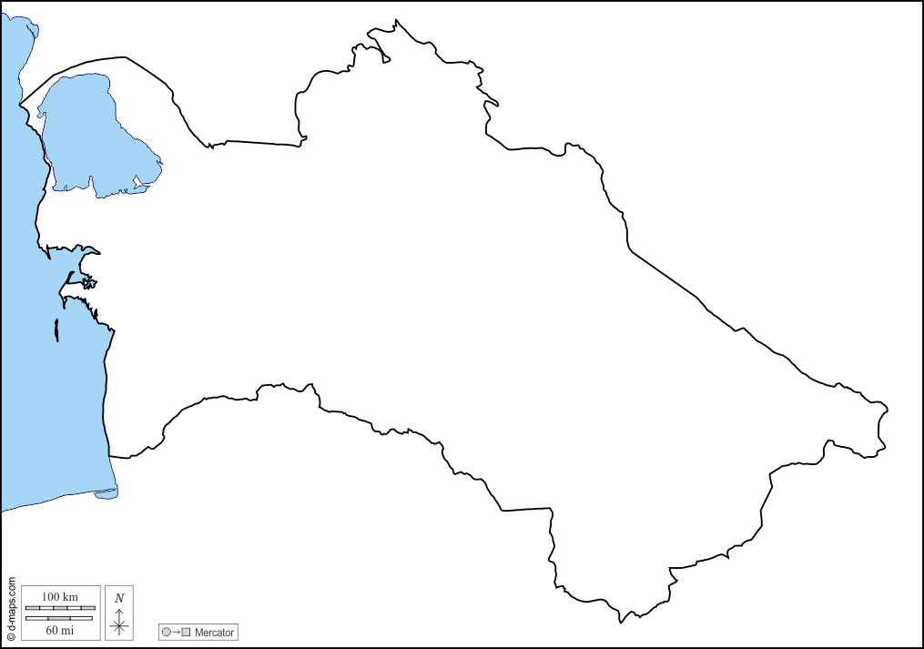 Turkmenistan : d-maps.com: Kostenlose Karten, kostenlose stumme Karte, kostenlose unausgefüllt Landkarte, kostenlose hochauflösende Umrisskarte : Küsten, Grenzen