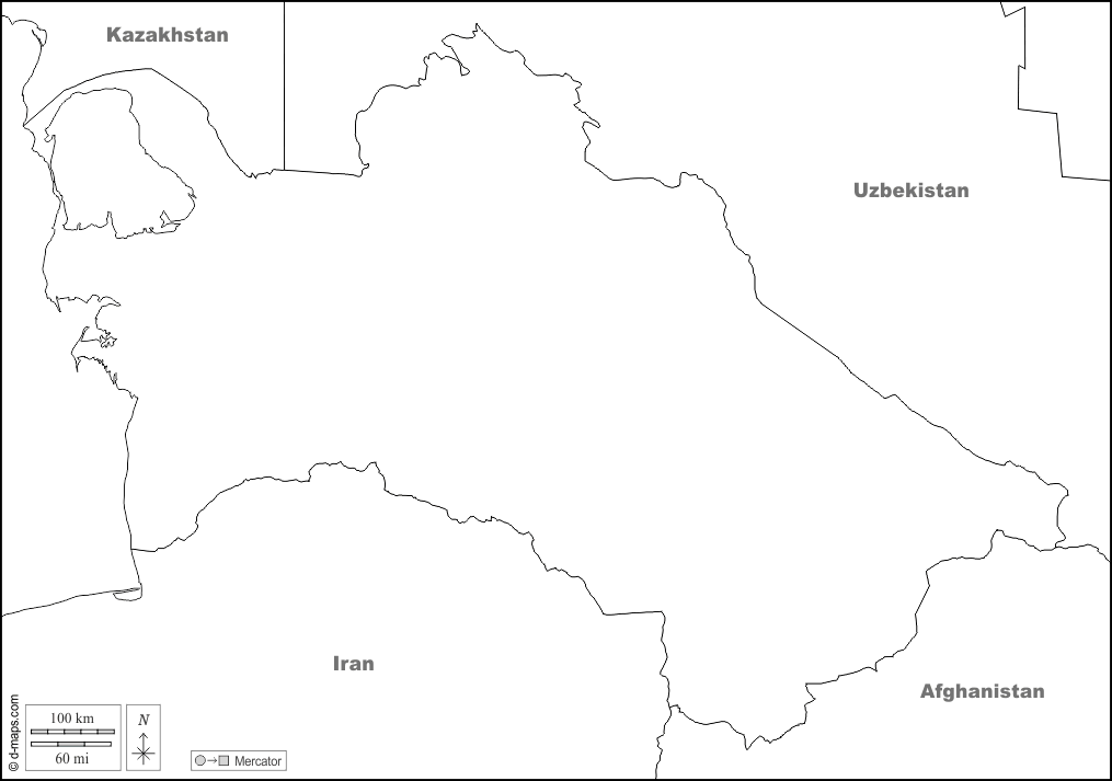 Turkmenistan : d-maps.com: Kostenlose Karten, kostenlose stumme Karte, kostenlose unausgefüllt Landkarte, kostenlose hochauflösende Umrisskarte : Grenzen, Namen, weiß