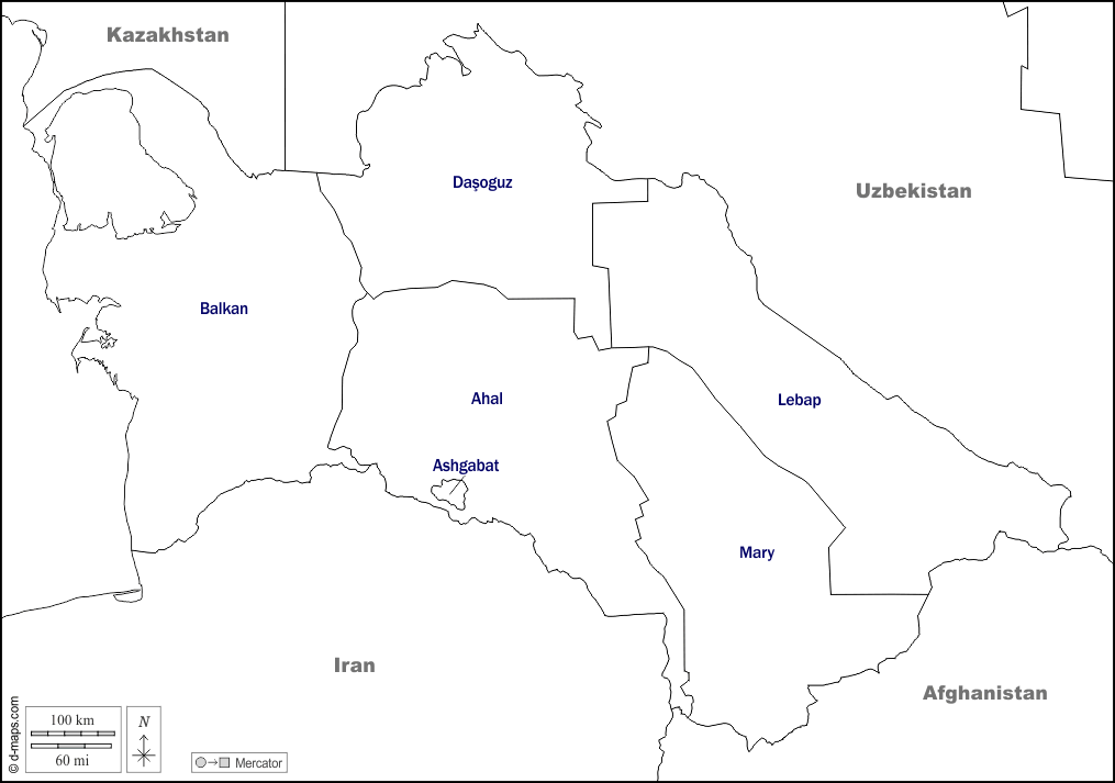 Turkmenistan : d-maps.com: mappa gratuita, mappa muta gratuita, cartina muta gratuita : frontiere, province, nomi, bianco