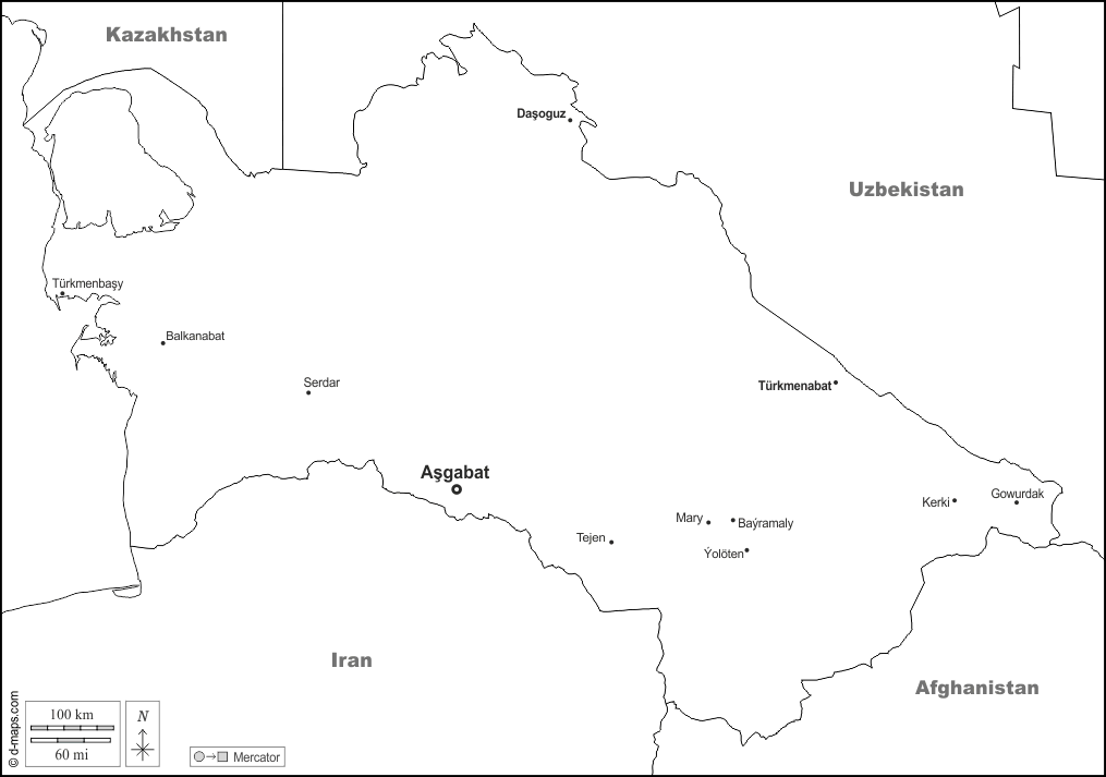 Turkmenistan : d-maps.com: mappa gratuita, mappa muta gratuita, cartina muta gratuita : frontiere, principali città, nomi, bianco