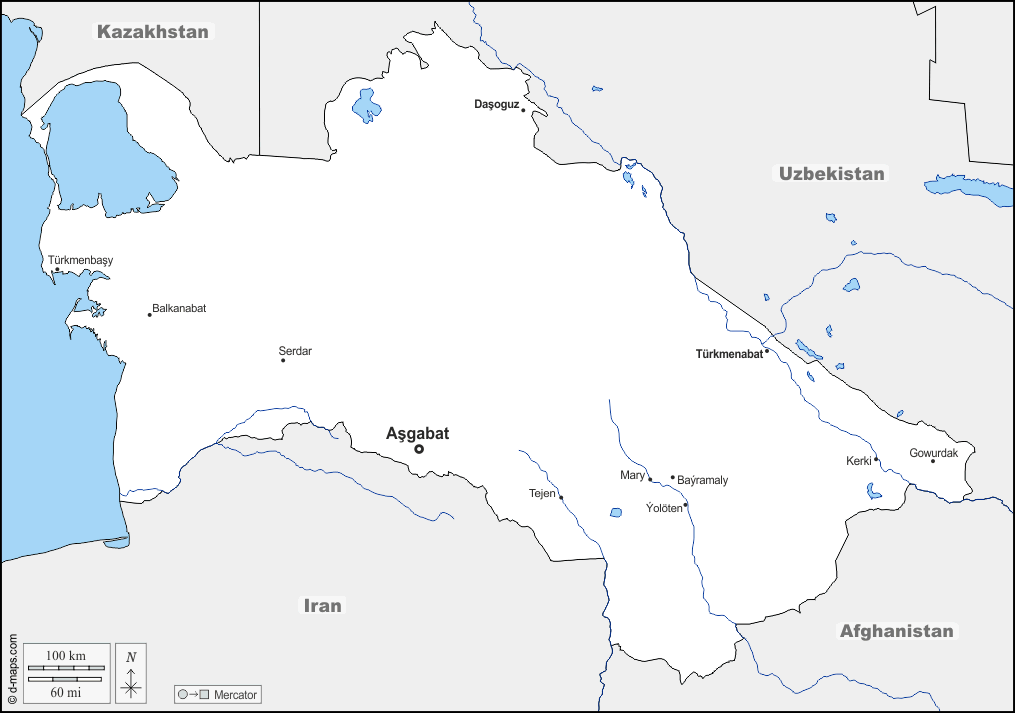 Turkmenistan : d-maps.com: mappa gratuita, mappa muta gratuita, cartina muta gratuita : frontiere, idrografia, principali città, nomi