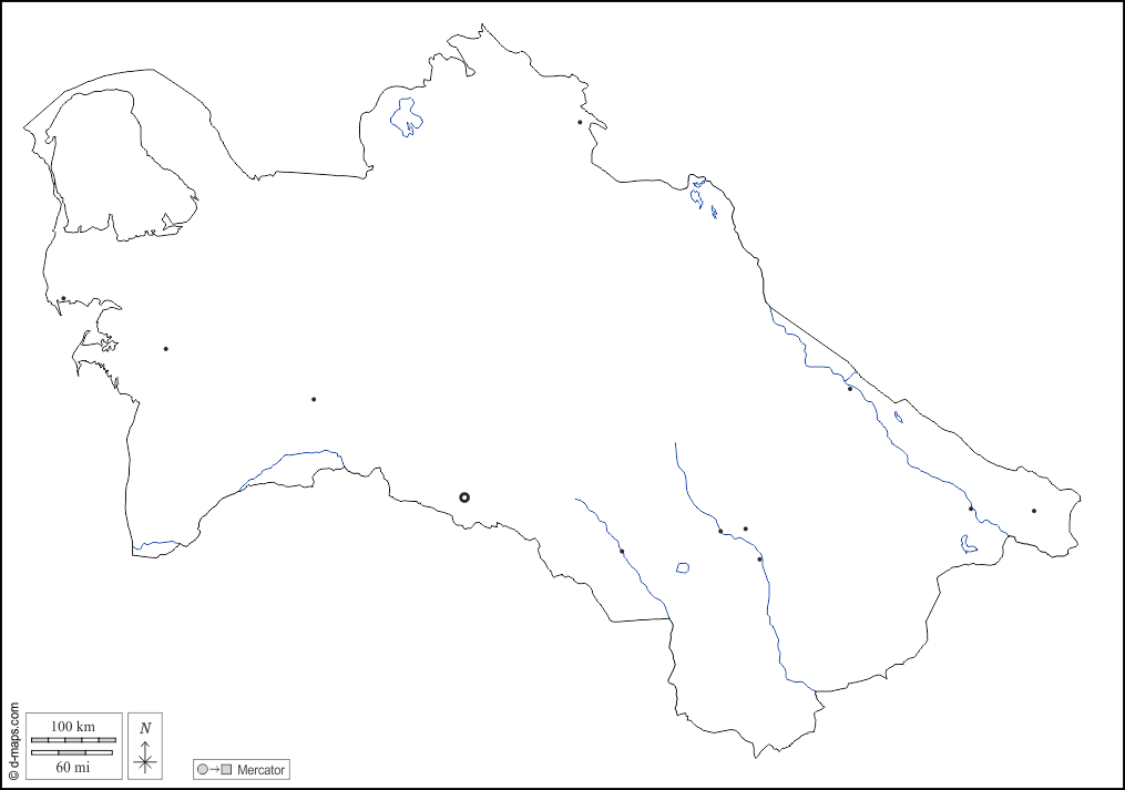 Turkmenistan : d-maps.com: mappa gratuita, mappa muta gratuita, cartina muta gratuita : contorni, idrografia, principali città, bianco