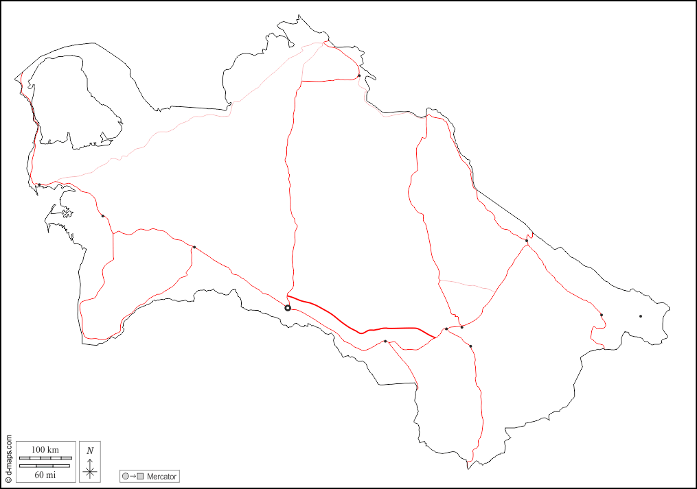 Turkmenistan : d-maps.com: mappa gratuita, mappa muta gratuita, cartina muta gratuita : contorni, principali città, strade, bianco