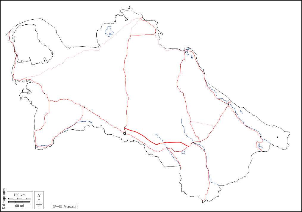 Turkmenistan : d-maps.com: mappa gratuita, mappa muta gratuita, cartina muta gratuita : contorni, idrografia, principali città, strade, bianco