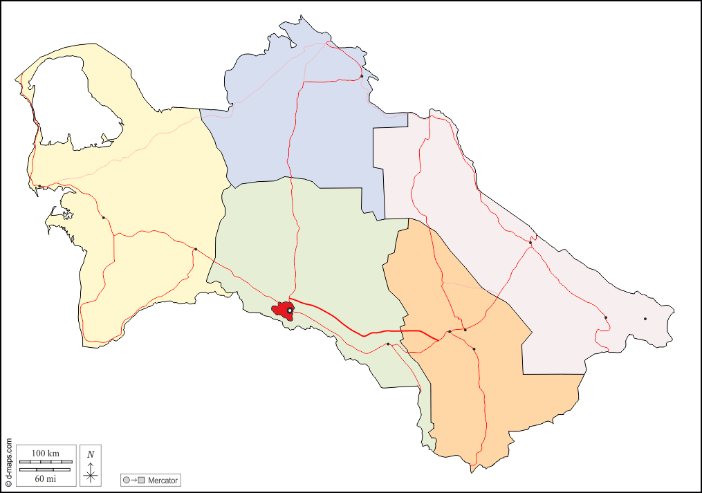Turkmenistan : d-maps.com: mappa gratuita, mappa muta gratuita, cartina muta gratuita : contorni, province, principali città, strade, colore, bianco