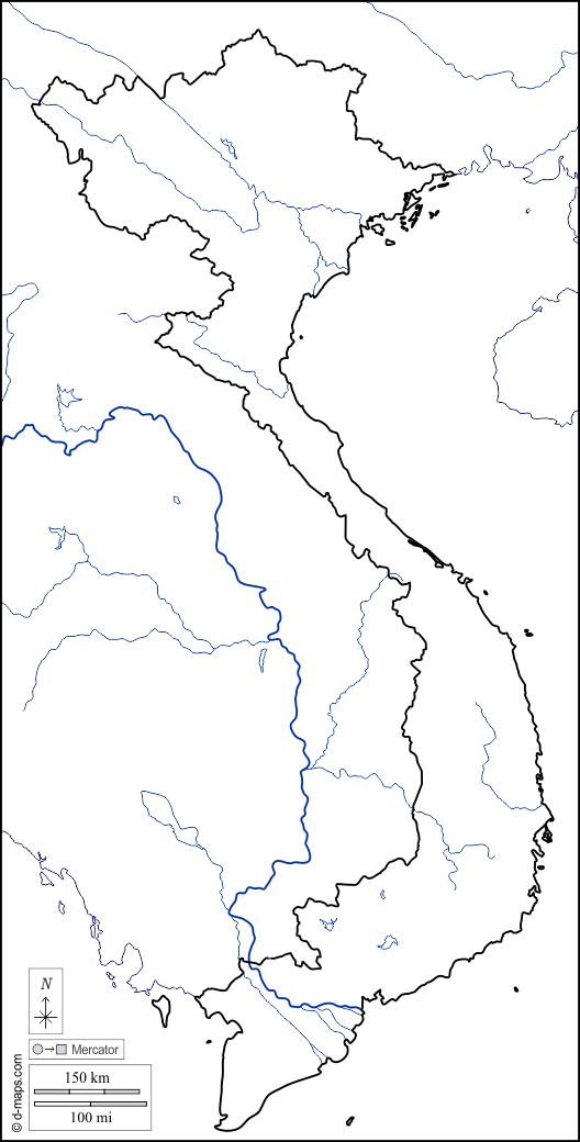 Vietnam : d-maps.com: mapa gratuito, mapa mudo gratuito, mapa en blanco gratuito, plantilla de mapa : costas, límites, hidrografía