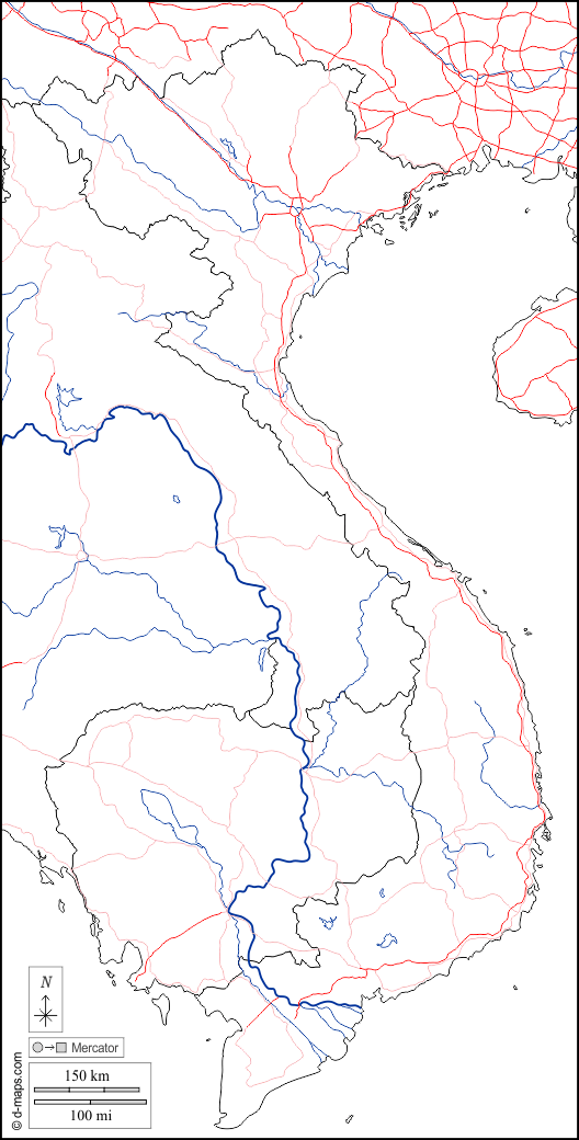 فيتنام : خريطة مجانية, خريطة خاليه من الفراغ, خريطة الخطوط العريضة, خريطة القاعدة الحرة
 : حدود, هيدروغرافيا, الطرق, أبيض
