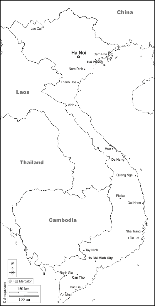 فيتنام : خريطة مجانية, خريطة خاليه من الفراغ, خريطة الخطوط العريضة, خريطة القاعدة الحرة
 : حدود, المدن الرئيسية, أسماء, أبيض