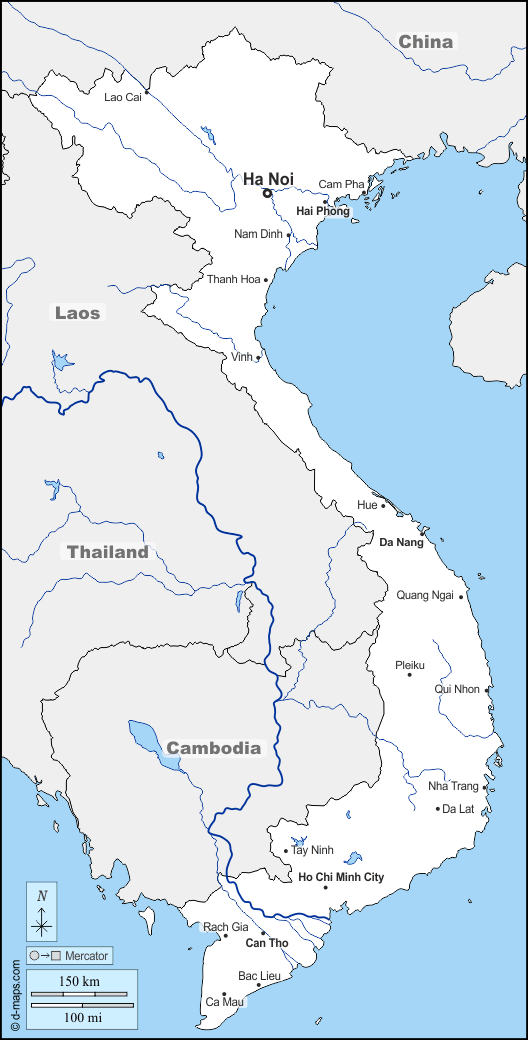 فيتنام : خريطة مجانية, خريطة خاليه من الفراغ, خريطة الخطوط العريضة, خريطة القاعدة الحرة
 : حدود, هيدروغرافيا, المدن الرئيسية, أسماء