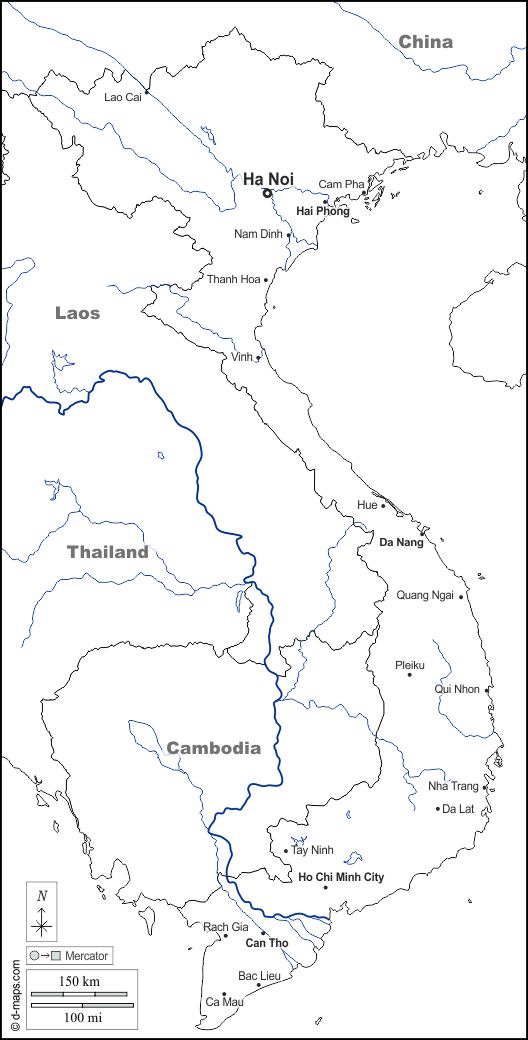 فيتنام : خريطة مجانية, خريطة خاليه من الفراغ, خريطة الخطوط العريضة, خريطة القاعدة الحرة
 : حدود, هيدروغرافيا, المدن الرئيسية, أسماء, أبيض