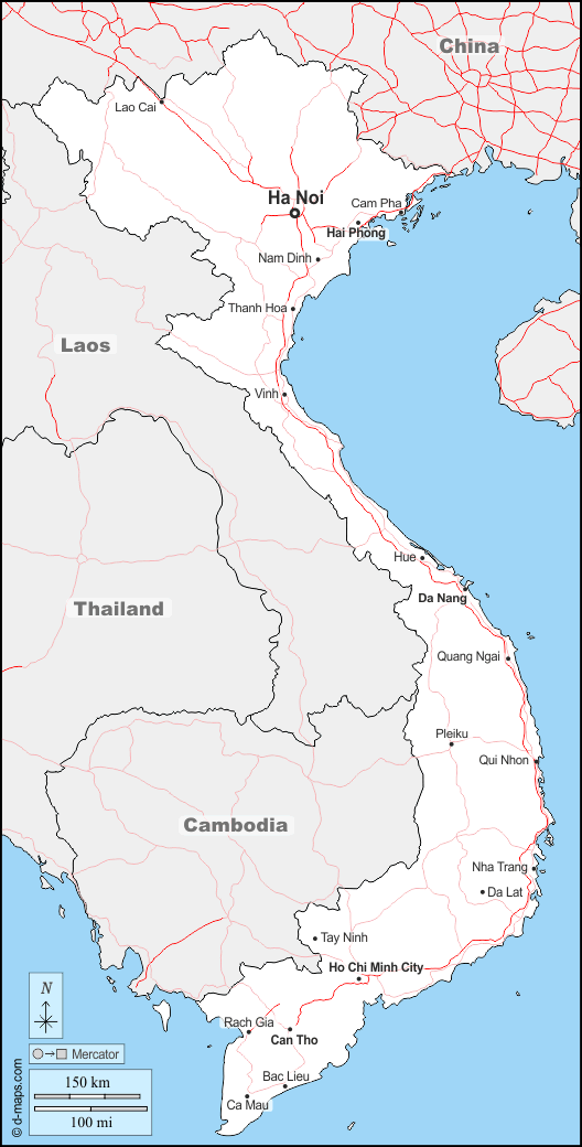 فيتنام : خريطة مجانية, خريطة خاليه من الفراغ, خريطة الخطوط العريضة, خريطة القاعدة الحرة
 : حدود, المدن الرئيسية, الطرق, أسماء