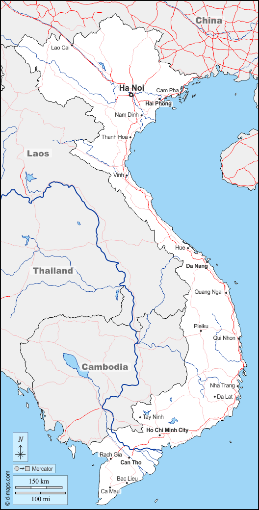 فيتنام : خريطة مجانية, خريطة خاليه من الفراغ, خريطة الخطوط العريضة, خريطة القاعدة الحرة
 : حدود, هيدروغرافيا, المدن الرئيسية, الطرق, أسماء