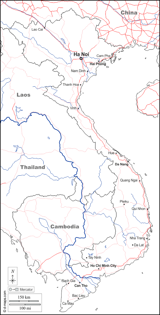 Vietnam : d-maps.com: mapa gratuito, mapa mudo gratuito, mapa en blanco gratuito, plantilla de mapa : fronteras, hidrografía, principales ciudades, carreteras, nombres, blanco