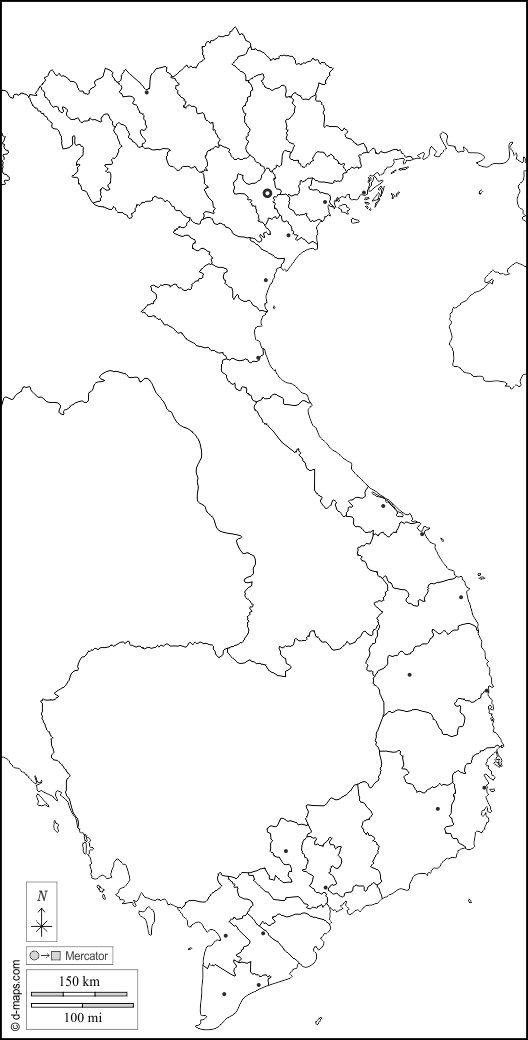 Vietnam : d-maps.com: Kostenlose Karten, kostenlose stumme Karte, kostenlose unausgefüllt Landkarte, kostenlose hochauflösende Umrisskarte : Grenzen, Provinzen, Wichtige Städte, weiß