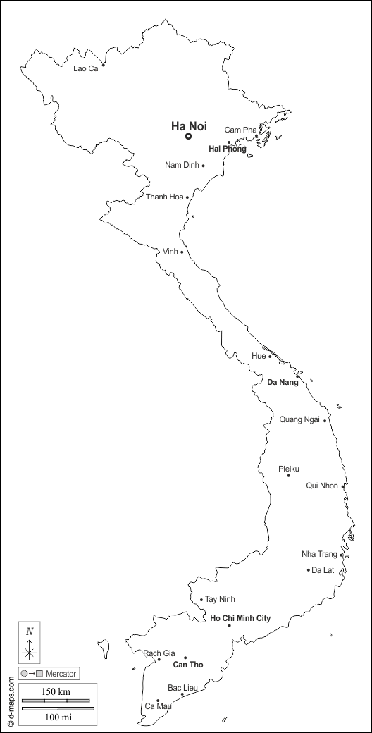 فيتنام : خريطة مجانية, خريطة خاليه من الفراغ, خريطة الخطوط العريضة, خريطة القاعدة الحرة
 : الخطوط العريضة, المدن الرئيسية, أسماء, أبيض