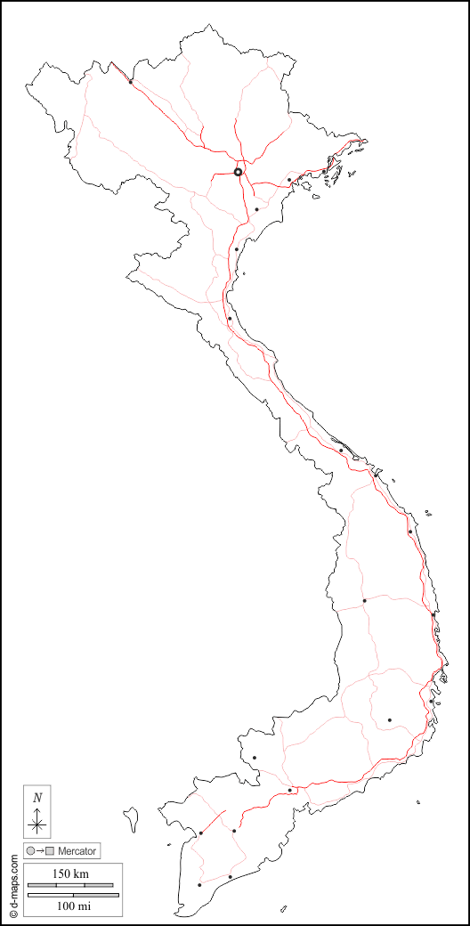 فيتنام : خريطة مجانية, خريطة خاليه من الفراغ, خريطة الخطوط العريضة, خريطة القاعدة الحرة
 : الخطوط العريضة, المدن الرئيسية, الطرق, أبيض