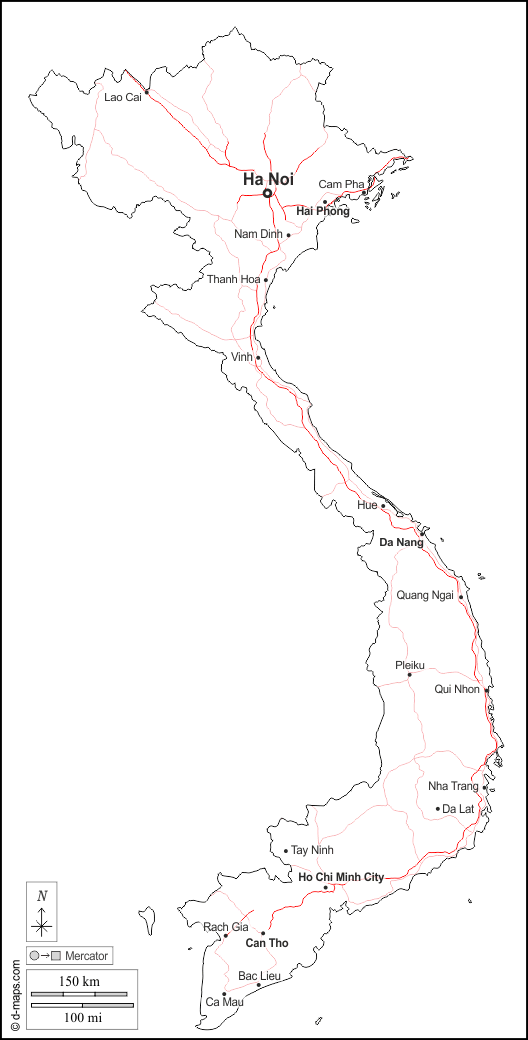 فيتنام : خريطة مجانية, خريطة خاليه من الفراغ, خريطة الخطوط العريضة, خريطة القاعدة الحرة
 : الخطوط العريضة, المدن الرئيسية, الطرق, أسماء, أبيض