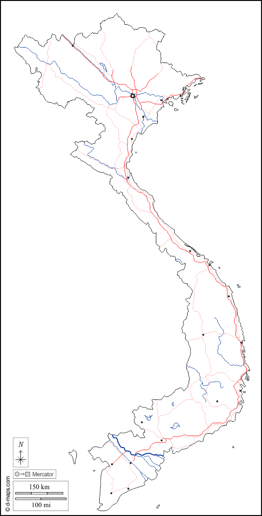 فيتنام : خريطة مجانية, خريطة خاليه من الفراغ, خريطة الخطوط العريضة, خريطة القاعدة الحرة
 : الخطوط العريضة, هيدروغرافيا, المدن الرئيسية, الطرق, أبيض