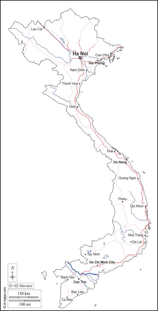 فيتنام : خريطة مجانية, خريطة خاليه من الفراغ, خريطة الخطوط العريضة, خريطة القاعدة الحرة
 : الخطوط العريضة, هيدروغرافيا, المدن الرئيسية, الطرق, أسماء, أبيض